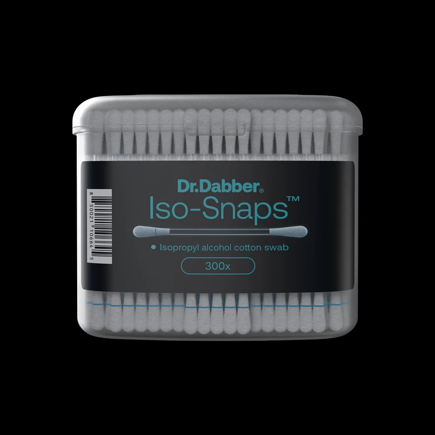 Dr. Dabber® Iso-Snaps are the perfect all-in-one solution to clean your vaporizer, nails, and glass. Each Iso-snap has cotton swabs with 70% isopropyl alcohol loaded in the shaft. With a snap of the top cotton swab the isopropyl alcohol is released from the shaft down into the bottom cotton swab head. Simply wipe the surface area clean to get a fresh surface. No need to use heat to clean after every use.
70% isopropyl alcohol is safe to use on all Dr. Dabber® products including plastic, glass, and ceramic.