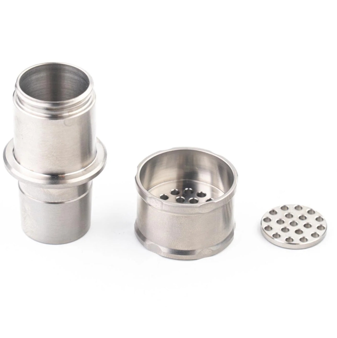 Continuing the evolution....
The new Flowerpot F16 head is created at a time where ball vapes require some refinement. This new Flowerpot head packs a punch as the heat sink is improved by the addition of a solid titanium machined cap and a machined screen at the bottom which further improves the conduction and retention of heat throughout the device.
There are two barrel designs, the F16 barrel is an injector style "male" head which will sit inside the shovelhead bowl and any other injector style bowls.