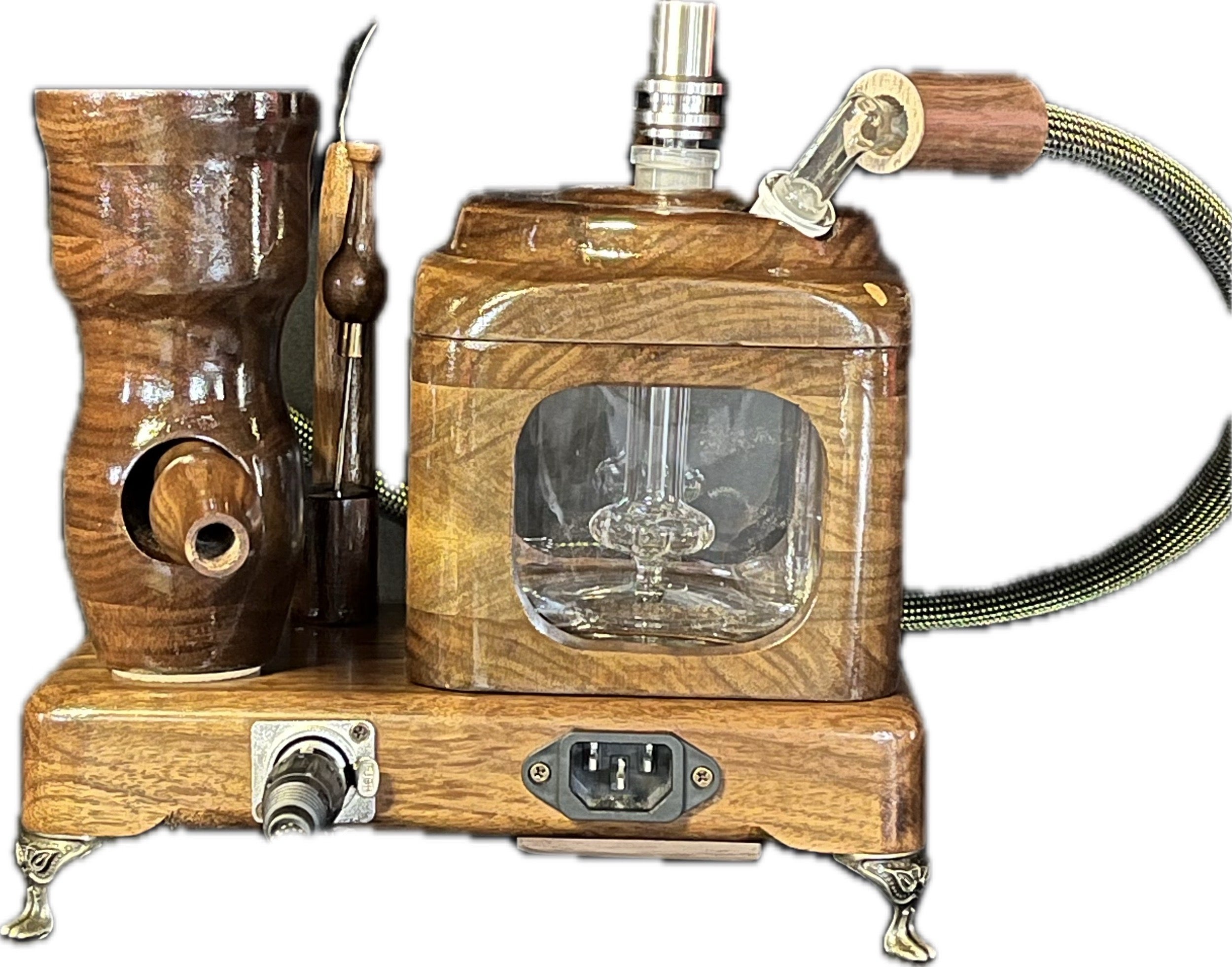 Made in a small family shop in the Southeast United States, each system is unique. This is a true conversation piece of functional art! Each set may contain different parts and of course will offer an individual mixture of woods and beauty only nature can provide.
These listings include the 14mm clear Cell in the listing! Also has LED's built in to set the mood. Choose from either Black Walnut or Cherry. Includes accessory tool set (not pictured).
