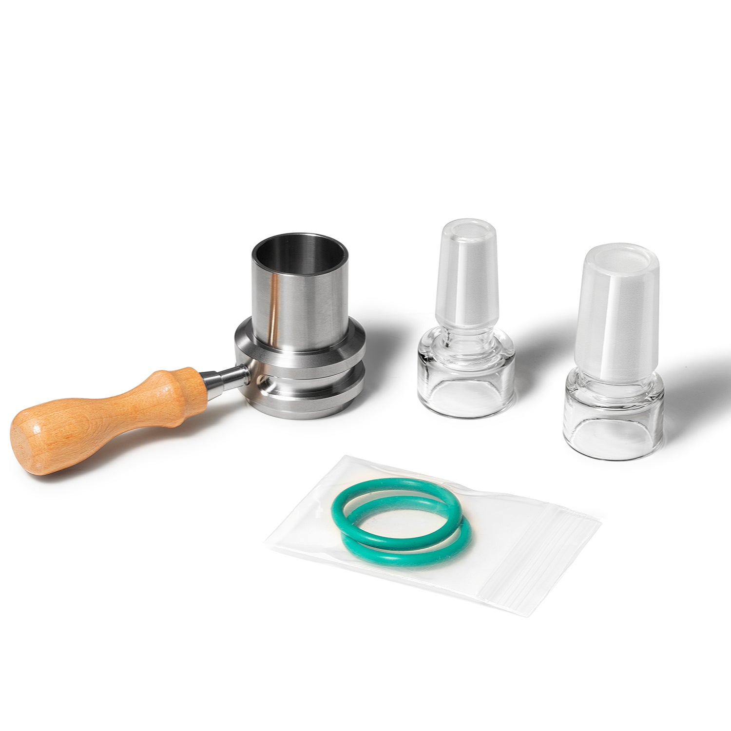 Combination heater with diffuser and injector functions. Premium heat diffusion with 520 3mm gem-cut rubies for even heating and flavor. Compatible with 25mm axial coils, various bowls, 18mm and 14mm glass rigs (recommended 18mm). Durable wooden handle. Titanium diffuser for long-lasting performance.