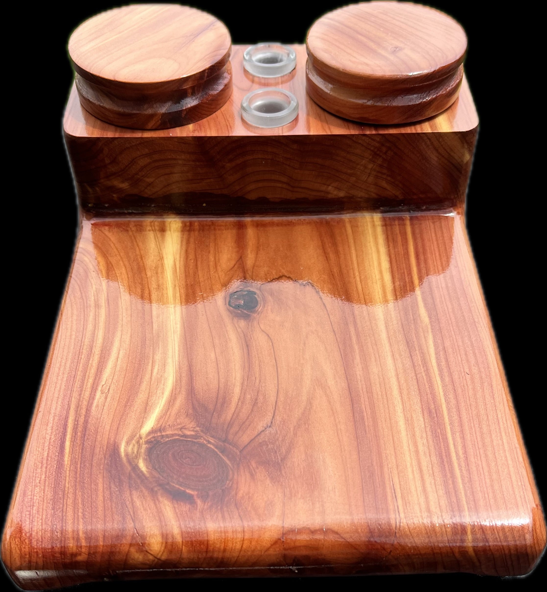 Made in a small family shop in the Southeast United States, each system is unique. This is a true conversation piece of functional art! Each set may contain different parts and of course will offer an individual mixture of woods and beauty only nature can provide.
This particular set includes:
Handmade 6” by 8” Workstation in Cedar
Two Herb Jars
Pick Tool
Stir Tool
Wood Cleaning Brush