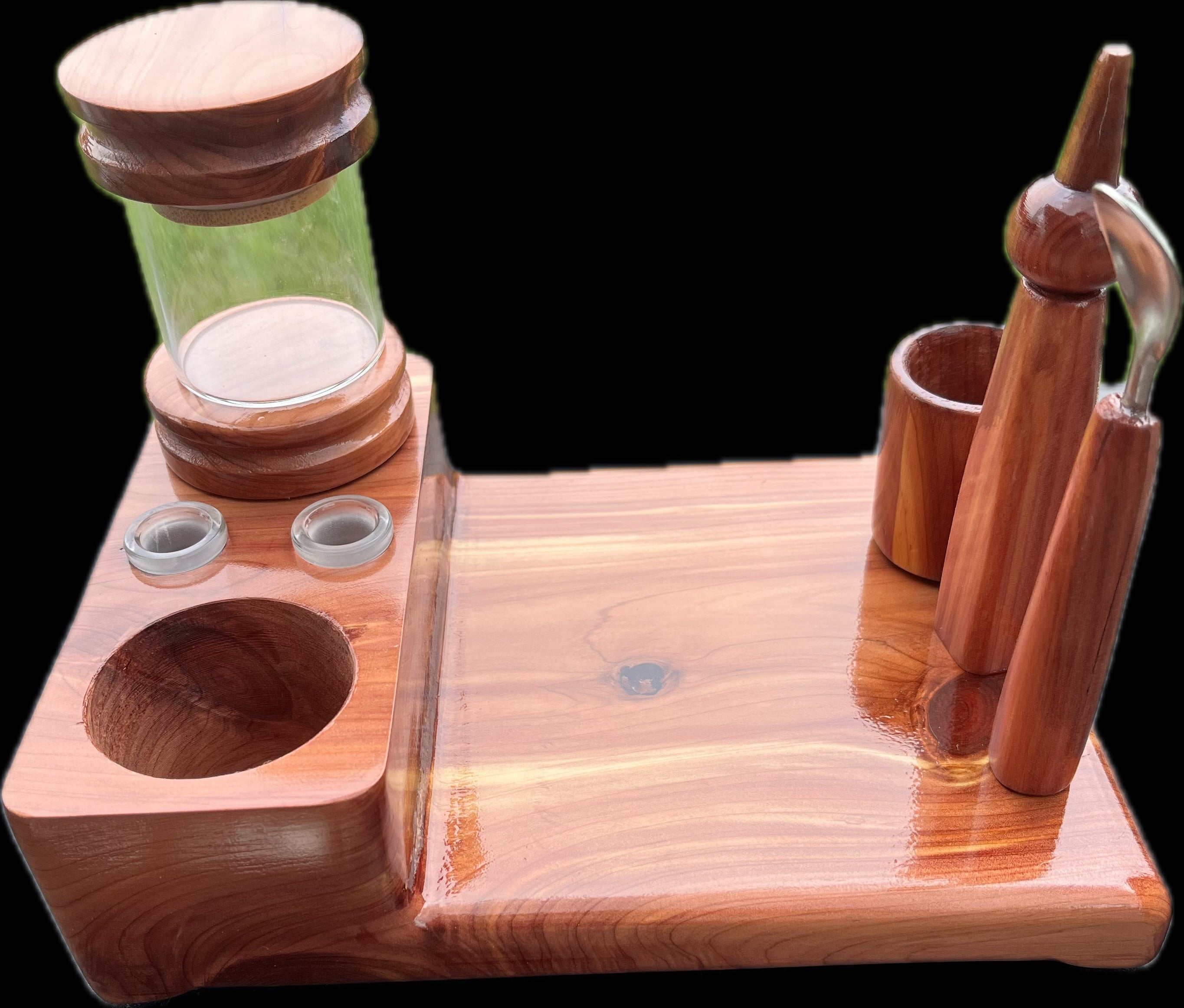 Made in a small family shop in the Southeast United States, each system is unique. This is a true conversation piece of functional art! Each set may contain different parts and of course will offer an individual mixture of woods and beauty only nature can provide.
This particular set includes:
Handmade 6” by 8” Workstation in Cedar
Two Herb Jars
Pick Tool
Stir Tool
Wood Cleaning Brush