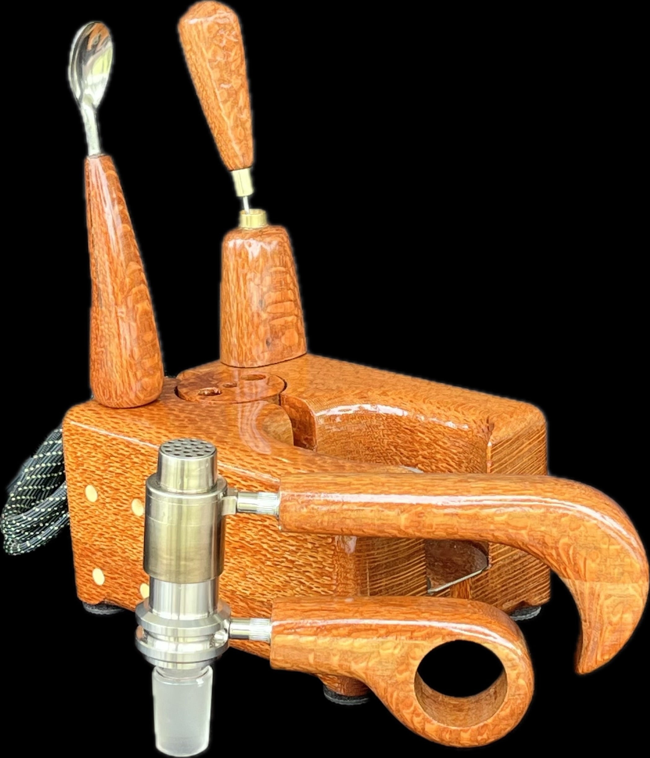 Made in a small family shop in the Southeast United States, each system is unique. This is a true conversation piece of functional art! Each set may contain different parts and of course will offer an individual mixture of woods and beauty only nature can provide.
This particular set includes:
Handmade Leopardwood Dock with Coil Clamp
Leopardwood Wireless Handle and Bowl Set
Scoop and Stir Tool
Optional 25mm Axial Coil
Optional Heater and Bowl Set