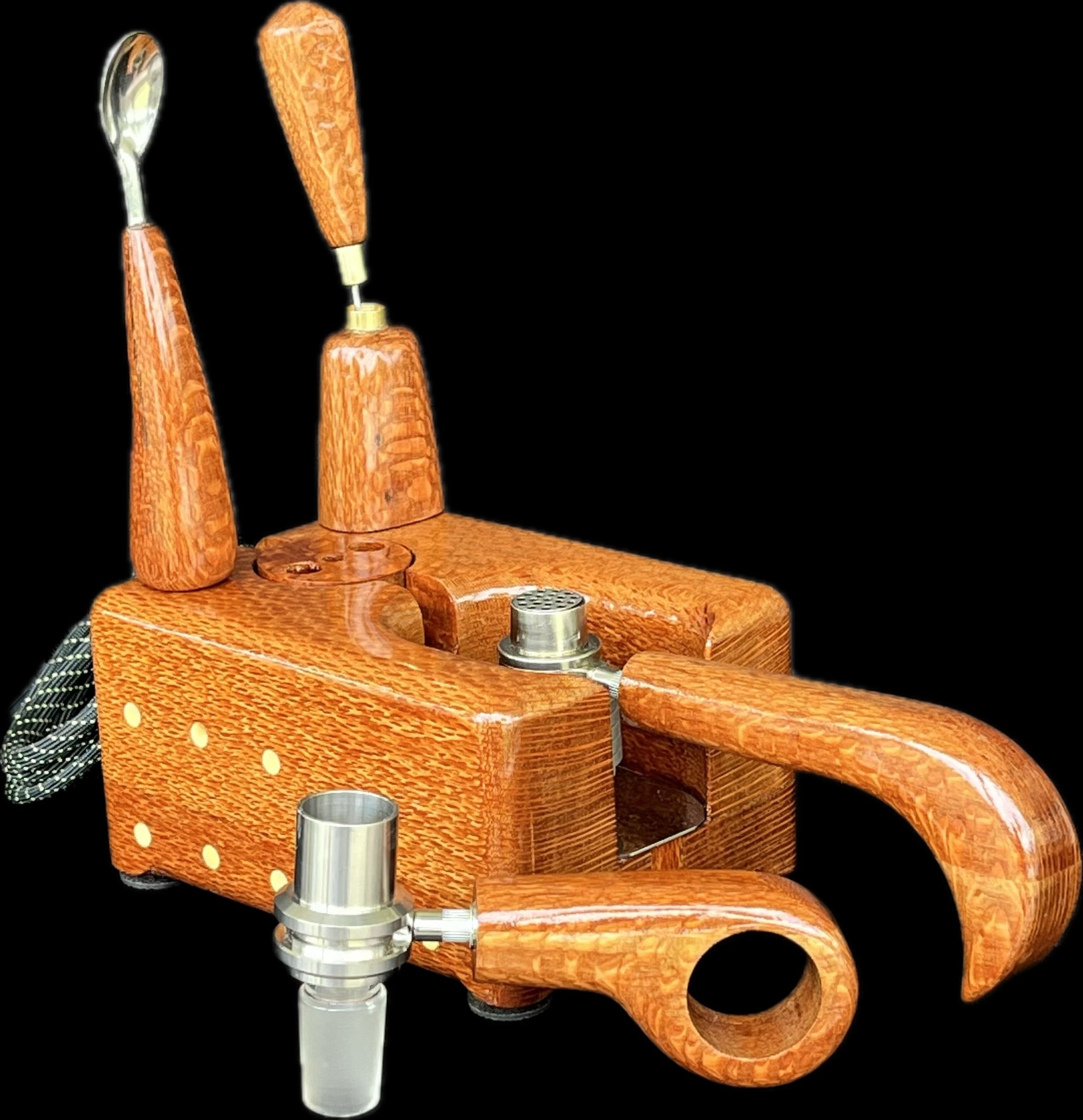 Made in a small family shop in the Southeast United States, each system is unique. This is a true conversation piece of functional art! Each set may contain different parts and of course will offer an individual mixture of woods and beauty only nature can provide.
This particular set includes:
Handmade Leopardwood Dock with Coil Clamp
Leopardwood Wireless Handle and Bowl Set
Scoop and Stir Tool
Optional 25mm Axial Coil
Optional Heater and Bowl Set