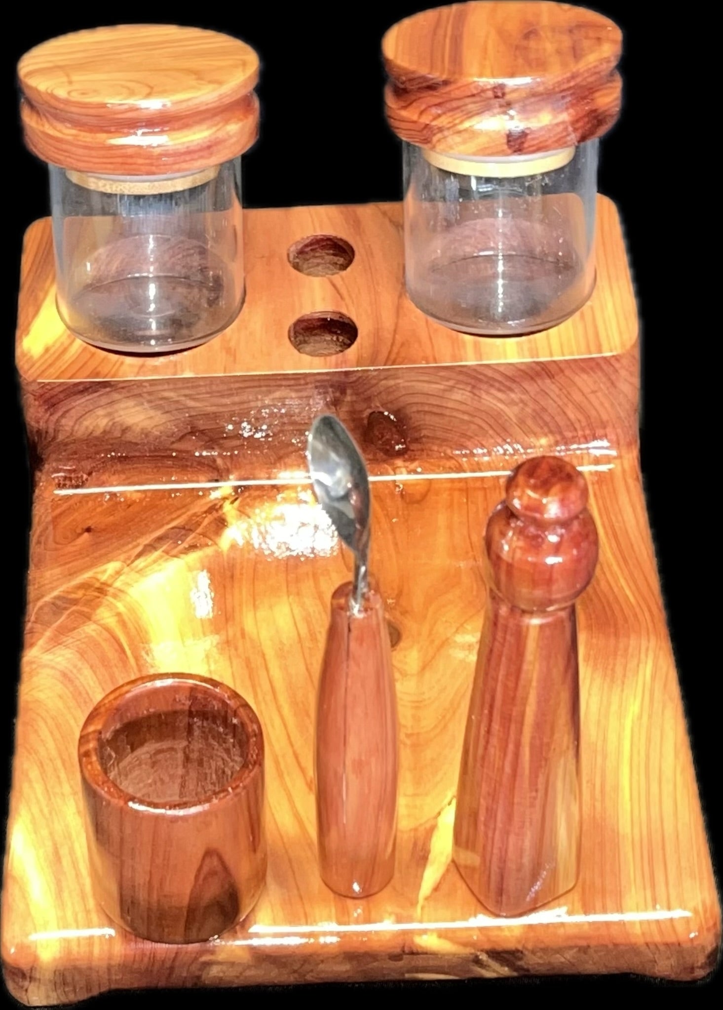 Made in a small family shop in the Southeast United States, each system is unique. This is a true conversation piece of functional art! Each set may contain different parts and of course will offer an individual mixture of woods and beauty only nature can provide.
This particular set includes:
Handmade 6” by 8” Workstation in Cedar
Two Herb Jars
Pick Tool
Stir Tool
Wood Cleaning Brush