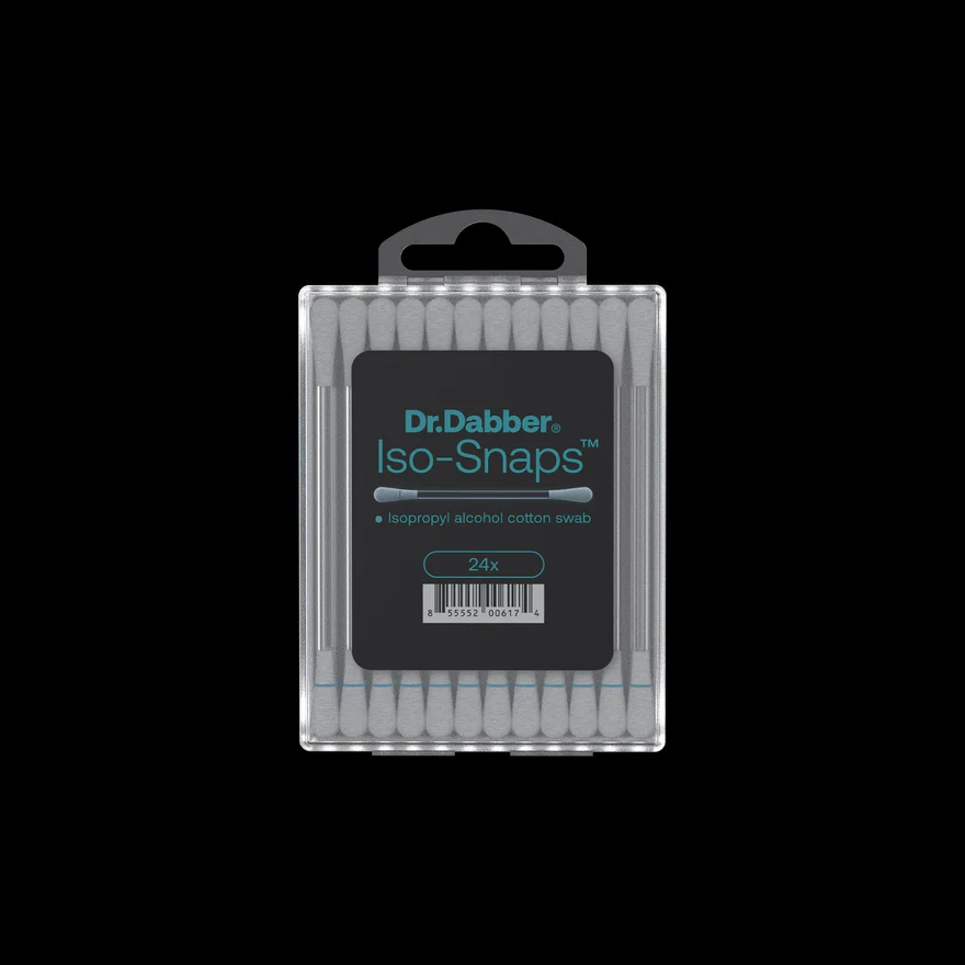Dr. Dabber® Iso-Snaps are the perfect all-in-one solution to clean your vaporizer, nails, and glass. Each Iso-snap has cotton swabs with 70% isopropyl alcohol loaded in the shaft. With a snap of the top cotton swab the isopropyl alcohol is released from the shaft down into the bottom cotton swab head. Simply wipe the surface area clean to get a fresh surface. No need to use heat to clean after every use.
70% isopropyl alcohol is safe to use on all Dr. Dabber® products including plastic, glass, and ceramic.