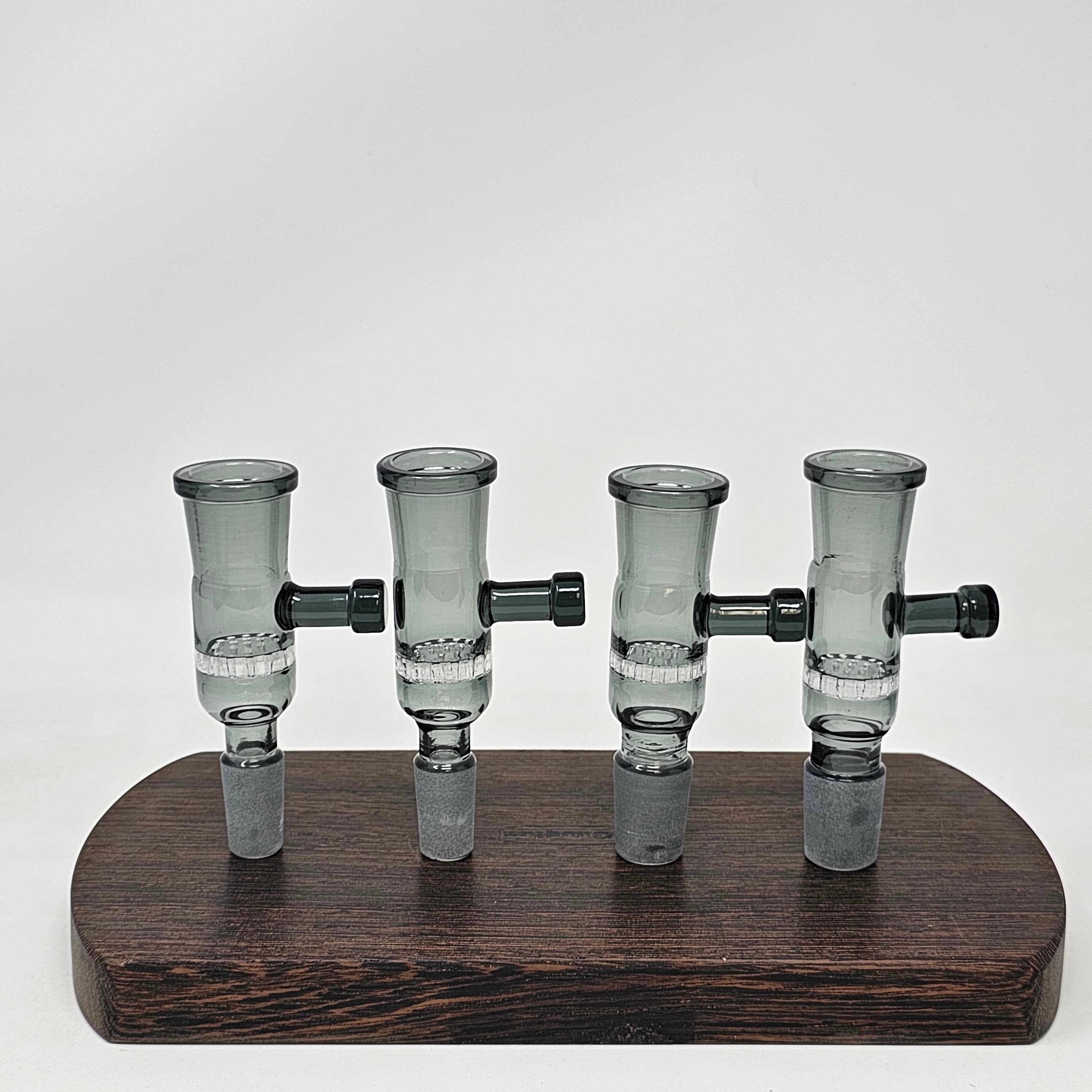 Now in smoked glass!

Made specifically for 19mm input injector style vapes!  These V2 Injector Chambers (Rod instead of tab handle + glass and screen deck options) work with all injector style ball units on the market including the DC Elev8R, TiTi, Pinky, B0, B1, B2, F16, Lethal Injector, Hot Rod, Terp Torch, Freight Train, Qaromashop (some have reported fitment issues with the Taroma lite but the others seem to work) and others.