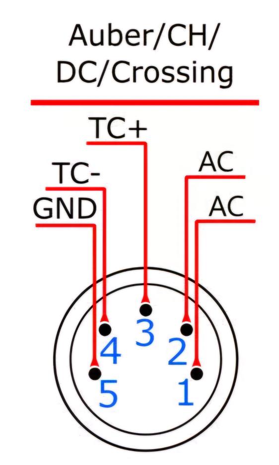 Pinout as follows:
1 - Power (white)
2 - Power (white)
3 - Thermocoupler (red)
4 - Thermocoupler (black)
5 - ground (green)
This will not work with all controllers that plug into it.  The wiring has to match!  We cannot be responsible for damage caused to coils and controllers based on improper wiring.   No returns for mismatched wiring!