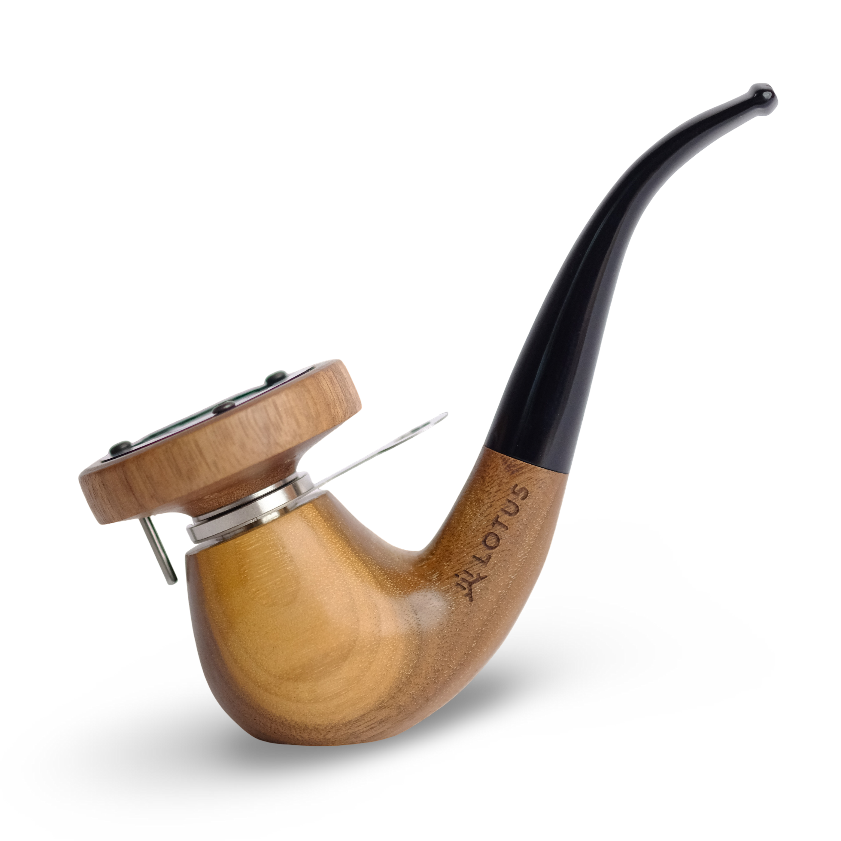 Elegant walnut wood pipe with curved stem and 14 mm standard joint. Compatible with the Lotus Vaporizer. Self-standing (only with lotus inside), two-piece, easy to clean.