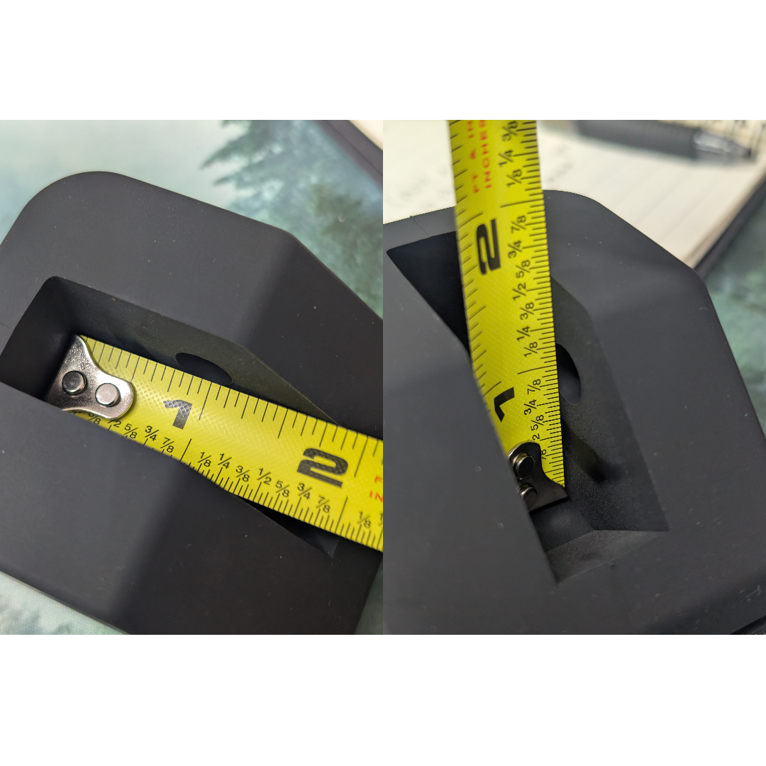Hookmate Inside Measurements showing 3/4" of clearance behind the mounting pin and underneath the mounting pin