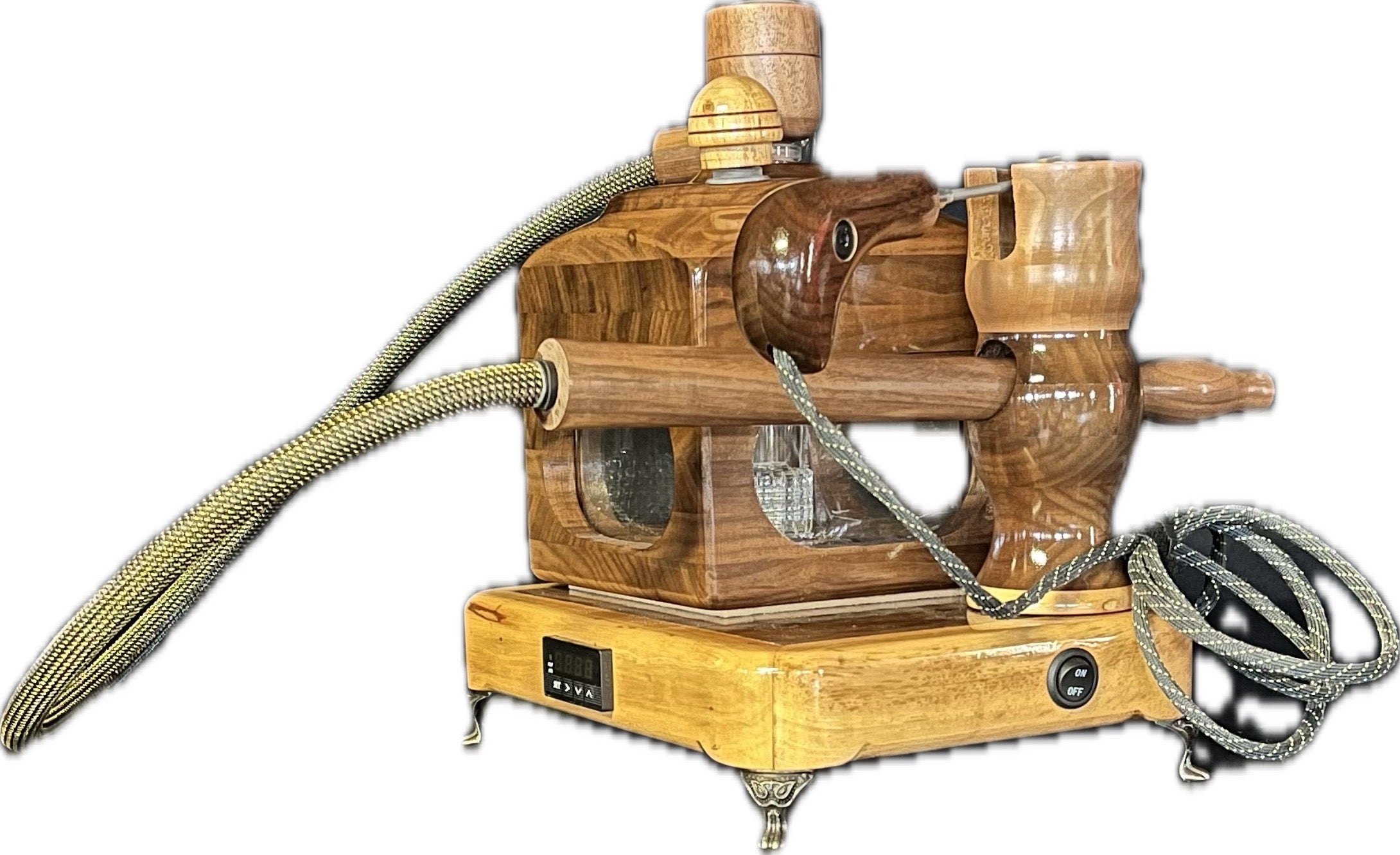 Made in a small family shop in the Southeast United States, each system is unique. This is a true conversation piece of functional art! Each set may contain different parts and of course will offer an individual mixture of woods and beauty only nature can provide.

This is a one of a kind piece!  It includes the 19mm clear Mega Cell in the listing! Also has LED's built in to set the mood. It's a real tank and words cannot describe!  Made from Black Walnut and Pecan.