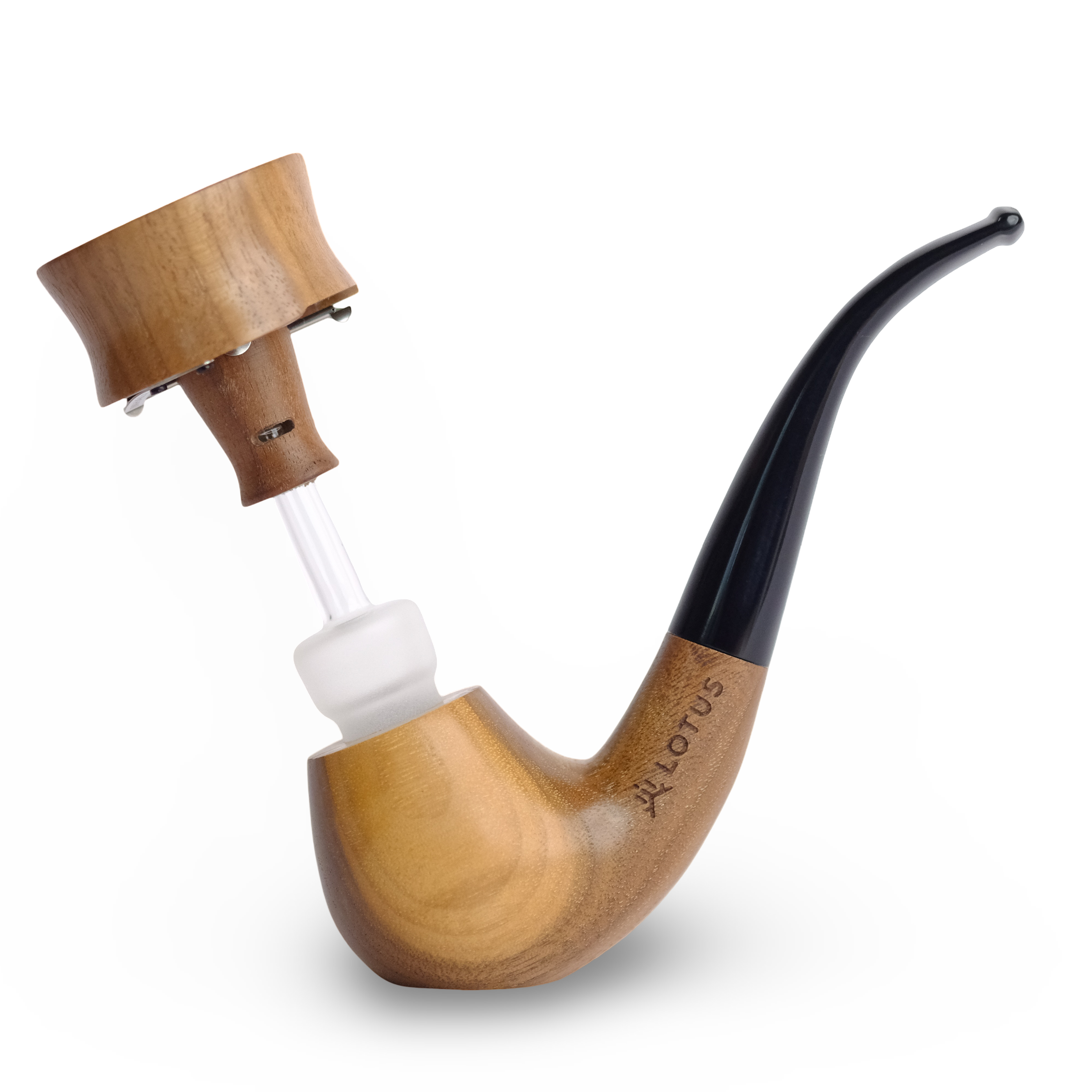 Elegant walnut wood pipe with curved stem and 14 mm standard joint. Compatible with the Lotus Vaporizer. Self-standing (only with lotus inside), two-piece, easy to clean.