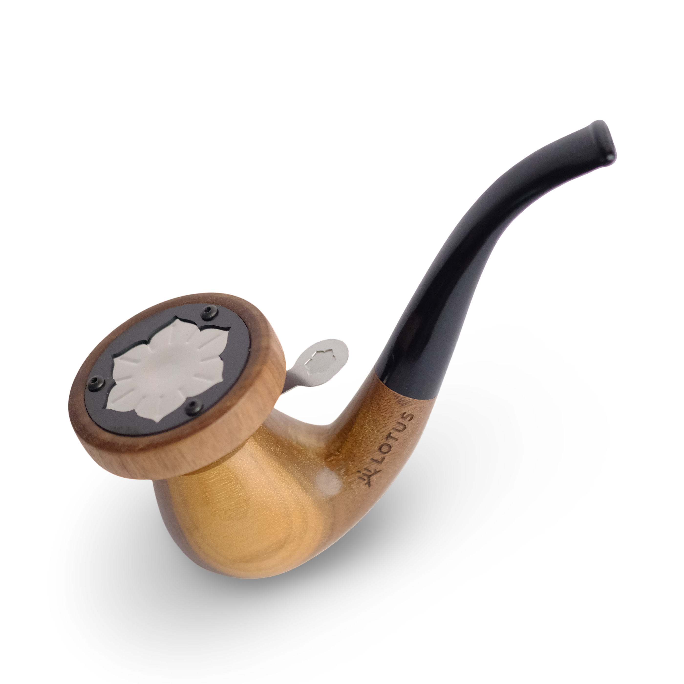Elegant walnut wood pipe with curved stem and 14 mm standard joint. Compatible with the Lotus Vaporizer. Self-standing (only with lotus inside), two-piece, easy to clean.