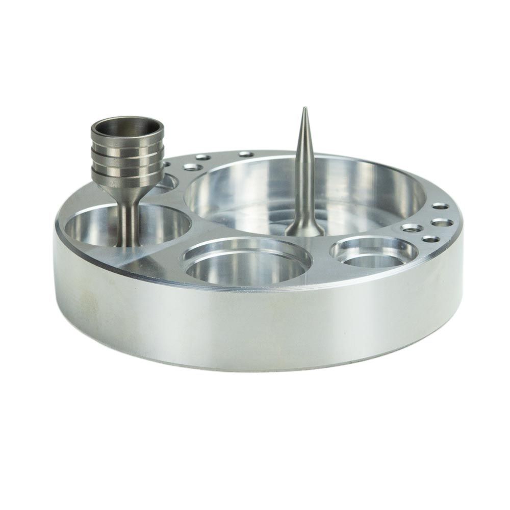 5" diameter Aluminum
Compatible with all Flowerpot attachments
Made in the USA
6 Dabber holes
5 Large bowl/body holes
1 Loading tool hole
4 Threaded (1/4 - 20) holes
Includes:

Heat Post and Debowler Spike
Other parts shown for reference only