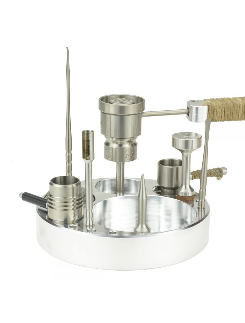 5" diameter Aluminum
Compatible with all Flowerpot attachments
Made in the USA
6 Dabber holes
5 Large bowl/body holes
1 Loading tool hole
4 Threaded (1/4 - 20) holes
Includes:

Heat Post and Debowler Spike
Other parts shown for reference only